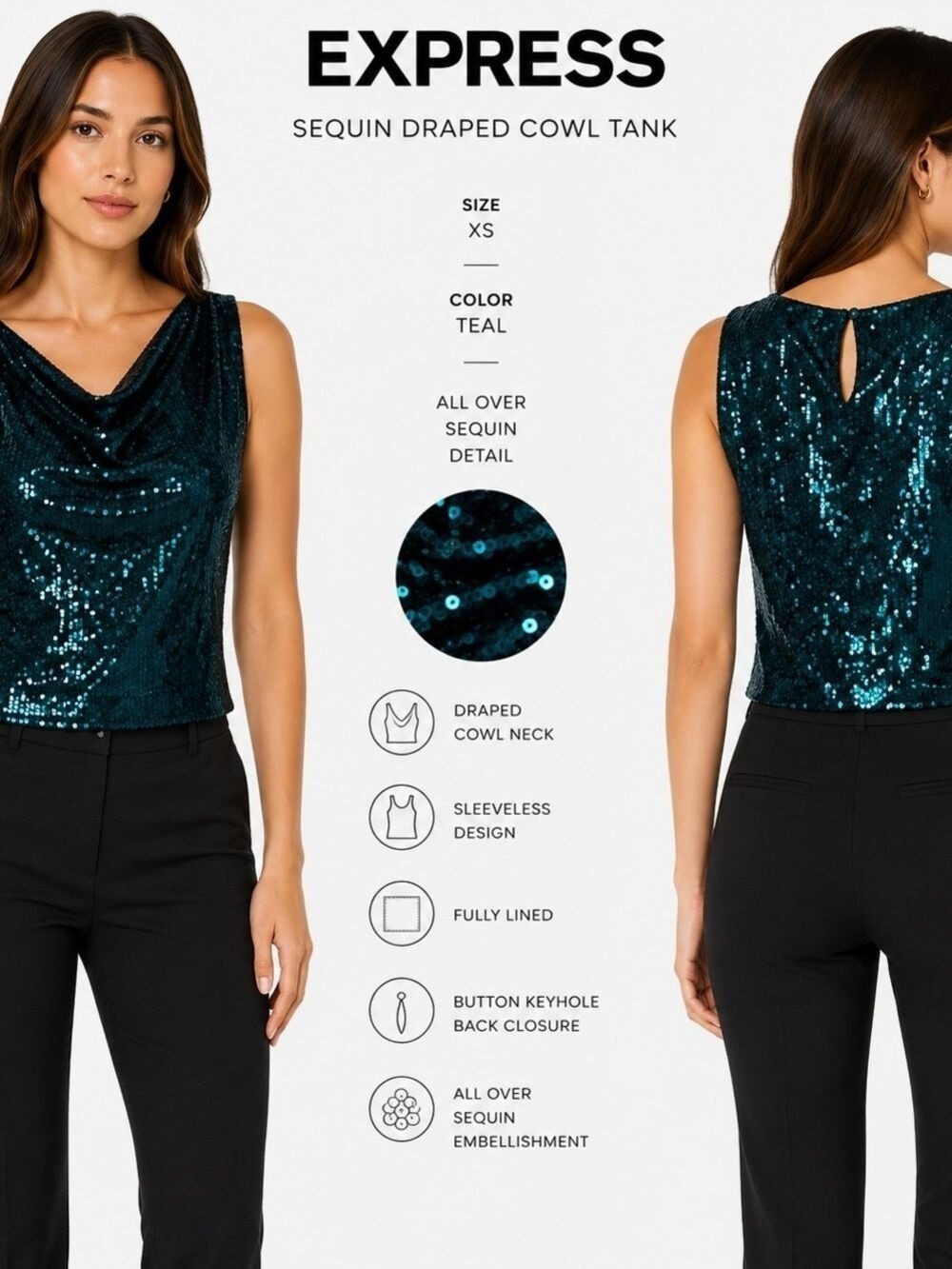 Express Teal Sequin Draped Cowl Tank XS Going Out, Party, Festive NWT